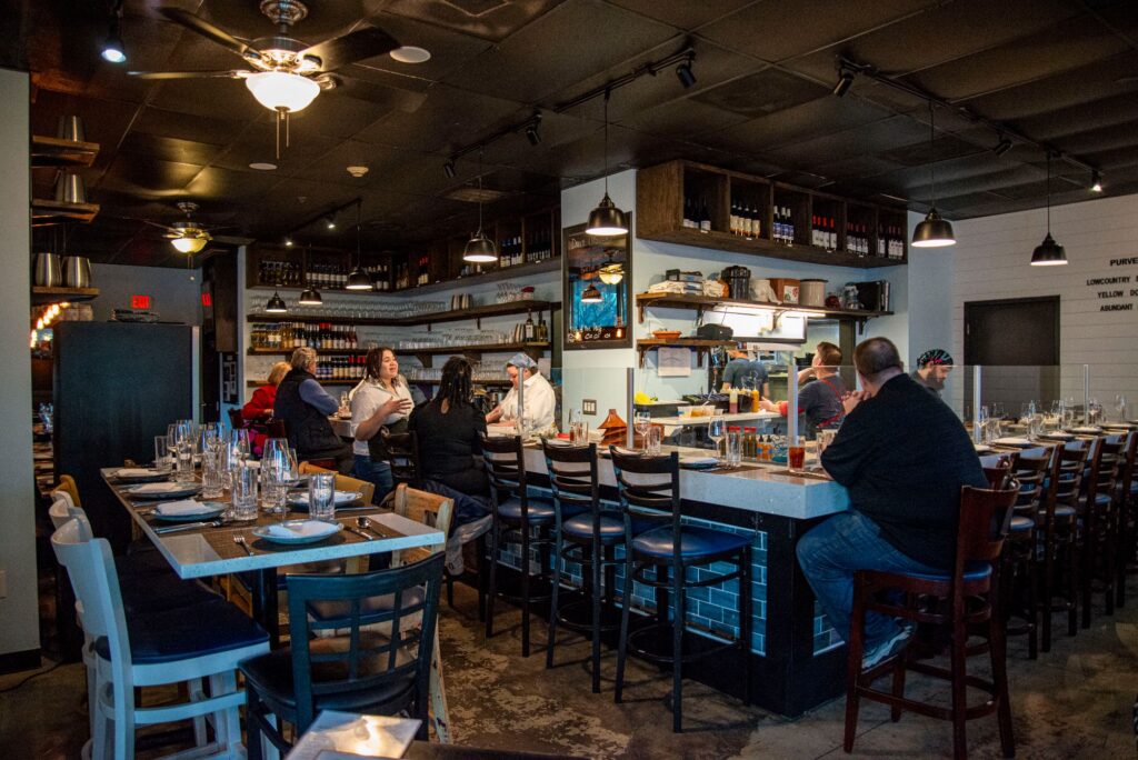 The bar and restaurant space at Bexley Fish & Raw Bar in Summerville, SC.